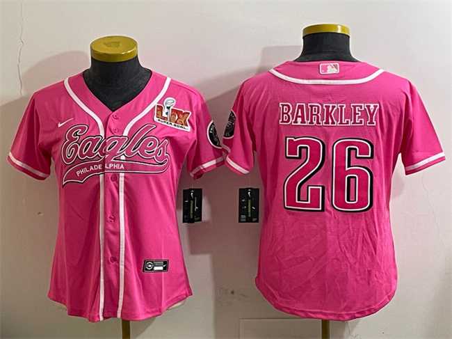 Women%27s Philadelphia Eagles #26 Saquon Barkley Pink 2025 Super Bowl LIX Patch Cool Base Stitched Baseball Jersey->new york giants->NFL Jersey